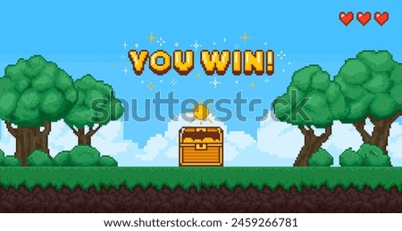 Pixel game art win background. Retro 8 bit video games screen, computer game victory with coins, grass and trees. Pixel level up arcade interface for winner. Vector concept. Chest with golden treasure