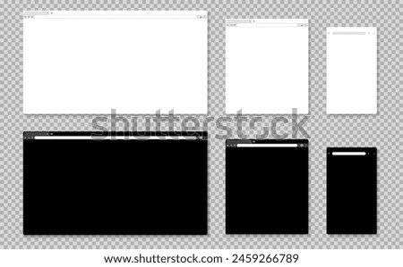 Browser mockup. Blank website window with tab, toolbar and search field for computer, tablet and phone. Internet browser template, light and dark mode page vector set. Homepage for devices