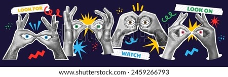 Hands binoculars. Art collage shapes. Eyes look forward through fingers. Web concept for business, marketing, web surfing, searching. Hand gesture. Vector set. Observing and watching concept