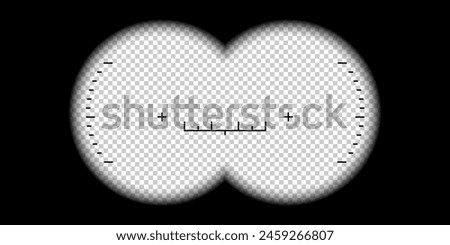 Binoculars viewfinder. Binocular POV frame with aim sight and measuring scale, watcher view look through the binoculars lenses. Realistic 3d vector template. Equipment for hunting, observing