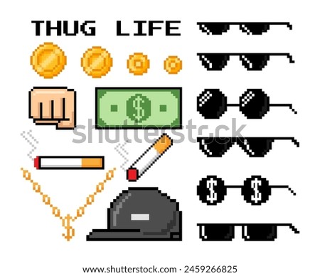 Pixel art thug life. Boss, gangster elements. Comic pixelated rapper attributes. Funny golden coins and money, chain, sunglasses, fist, hat and cigarette. Mafia deal. Vector set. Rap cap