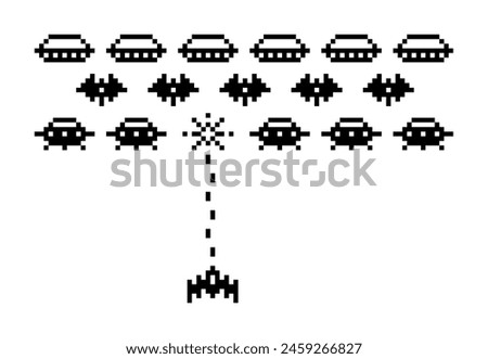 Space Arcade. Pixel art 8-bit retro video game with alien ufo spaceships and rocket. Intergalactic battle with invaders. Vector scene 80s computer style. Flying invader and defenders