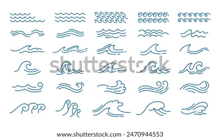 Line water wave. Marine flowing waves icons. Decorative outline curly and swirly river liquid. Zigzag horizontal sea and ocean water elements isolated on white background vector set. Aqua contours