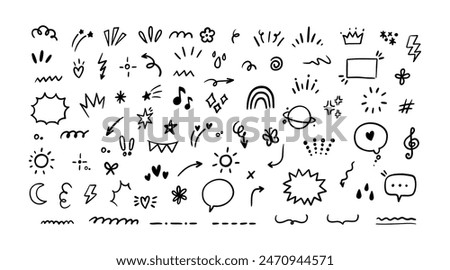 Hand drawn line elements. Doodle pen signs and effects. Simple sketch sparkle, star, glitter, icons, heart, floral objects. Decorative pencil curved symbols and shape. Vector set