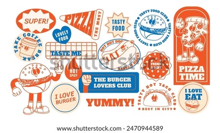 Retro fast food stickers. Cartoon junk food character patches. Funny cafe meals mascot. Vintage style 60s - 70s badges with burger, pizza, hot dog. Groovy vector elements