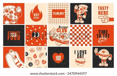 Fast food posters. Retro 70s cards, stickers with burger, hot dog, pizza. Funky branding patches. Slogan, quote, groovy food characters. Trendy vector cafe, bar templates