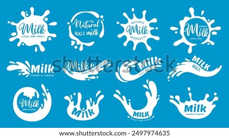 Dairy splashes logo. Cartoon milk emblem stain, drop, blots, round shapes, wave with lettering. Sticker and label for dairy groceries in shop, market. Silhouette milky vector elements.