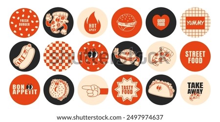 Fast food stickers. Cartoon patches with funny food characters. Groovy 60s cheerful mascots burger, yummy pizza, taco. Trendy comic stickers for cafe take away design project. Vector set.