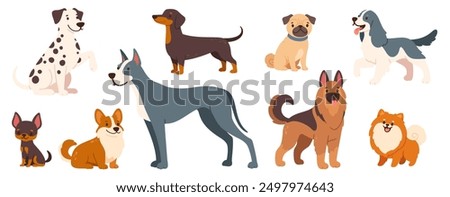 Cartoon dog pets. Cute little puppies, adorable dogs with different breeds and sizes. Home funny animals characters with happy muzzles. Dachshund, shepherd, Jack Russell. Vector set.