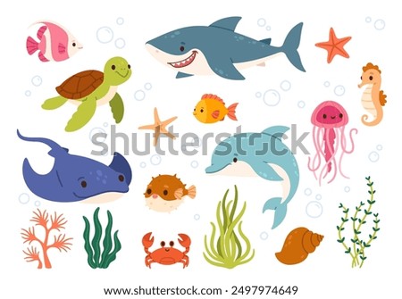 Sea life. Cartoon ocean underwater animals. Cute water fish, sea horse, crab, shark, dolphin, turtle, happy jellyfish. Marine wildlife creatures. Kids vector illustration.