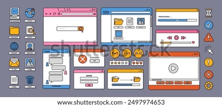 Retro 90s interface elements. Vaporwave old user desktop with aesthetic computer UI icons and objects. Digital PC buttons, dialog boxes, bar, folder, window. Vector set.