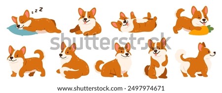 Corgi dogs. Cartoon little corgis in different poses. Cute puppy playing, relaxing, running, standing. Doggy kind corgi sleeping. Funny pet emotions. Pedigree animals. Vector set.