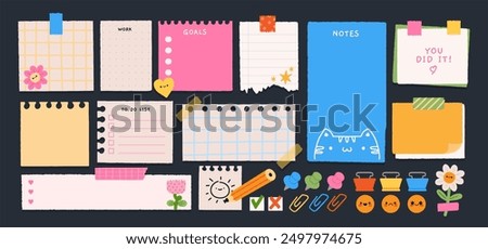 Paper sticker notes. Cartoon sticky sheets. Organization tapes, remind papers memo pages, notebook sticker, goal management office board blank for message. Scrapbooking with clips and pins vector set.