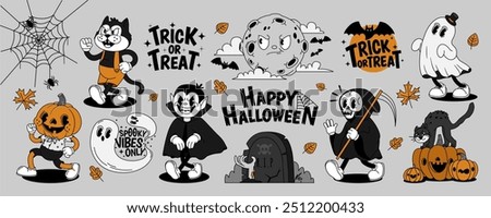 Retro Halloween characters. Cartoon festive atmosphere with creepy ghost, funny pumpkin, vampire, moon, bat, black cat. Scary decorations. Happy Halloween vector lettering.