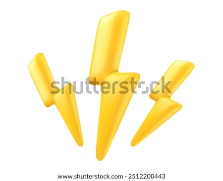 3d lightning. Yellow 3 thunderbolts with glossy reflection icon. Render of lightning hit, electric strikes, flash of thunderbolt. Isolated cartoon vector illustration.