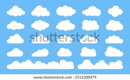 Flat cloud. Simple cloudy shapes. Cartoon white puffy, fluffy and cumulus clouds in blue sky. Abstract comic weather elements. Objects cloudscape for game. Vector collection.