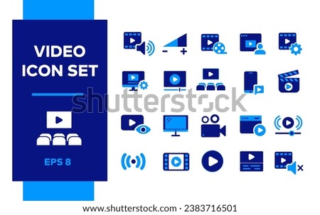 Video icon set. Video player, monitor. Media library. Playback. Video Streaming, broadcasting. Online education, radio. Webinar.