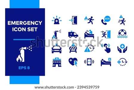 Emergency icon set. Clinical Workflow. Warning road sign. Person in Hospital bed. Medical Treatment. Ambulance. First aid defibrillator. Emergency button. Float. Lifebuoy. Fire door, evacuate. S.O.S