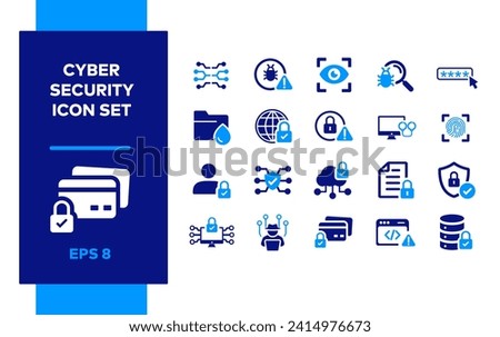 Cyber Security icon set. Technology, Card security, Data storage, Database.  Alert system. Cloud computing, Access Control. Robbery, Fraud detection and prevention, Log in, off, user. Unlock Document