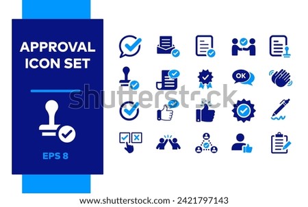 Approval icon set. Medal, Approved Successful document. Social Media Management. Verification, Verified Badge. Yes or no decision accuracy making. Two men silhouette giving high five. Document signing