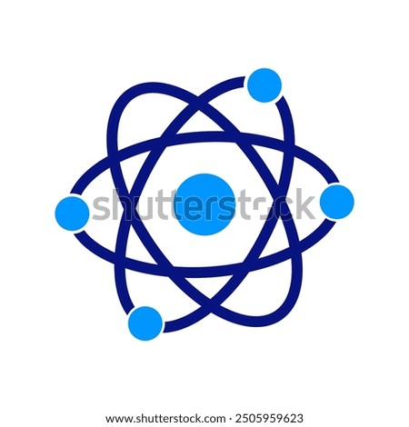 Abstract atom icon with dark blue orbiting rings and four blue spheres, clean geometric design, white background, science and innovation symbol, clear, modern, and minimalistic, dynamic energy visual.