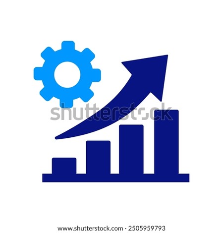 A blue gear and rising dark blue bar graph, representing growth and progress. The arrow curves upwards, symbolizing success. Simple and modern design with bold lines and clean shapes.