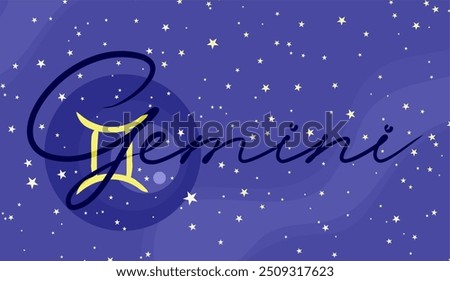 Gemini. Beautiful inscription. Zodiac sign. On a dark blue starry background. Astrology and horoscopes concept. Vector illustration.