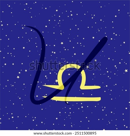 Libra in combination with the letter U. Zodiac sign. On a dark blue starry background. Astrology and horoscopes concept. Vector illustration.