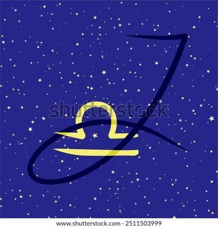 Libra in combination with the letter J. Zodiac sign. On a dark blue starry background. Astrology and horoscopes concept. Vector illustration.