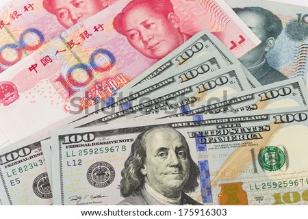 Background of US one hundred dollar and China Yuan notes