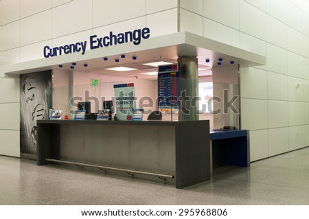San Francisco, USA - May 24, 2015: Currency exchange booth at San Francisco International Airport