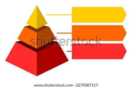 Infographic illustration of yellow and red triangles divided and cut into thirds and space for text, Pyramid shape made of three layers for presenting business ideas or disparity and statistical data