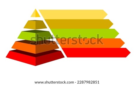 Infographic illustration of red with orange with yellow and green triangles divided and cut into five and space for text, Pyramid shape made of five layers for presenting business ideas or disparity 