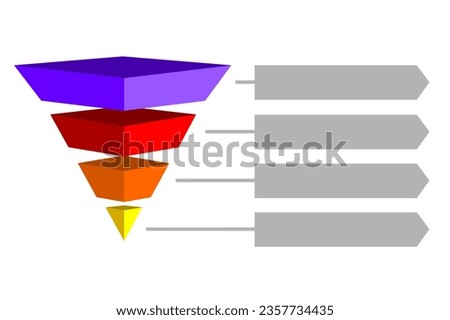 Infographic illustration of purple with yellow with orange and red triangles divided and space for text, Inverted pyramid shape made of four layers for presenting business ideas or disparity