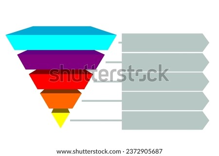 Infographic illustration of blue with purple with yellow with orange and red triangles divided and space for text, Inverted pyramid shape made of five layers for presenting business ideas or disparity