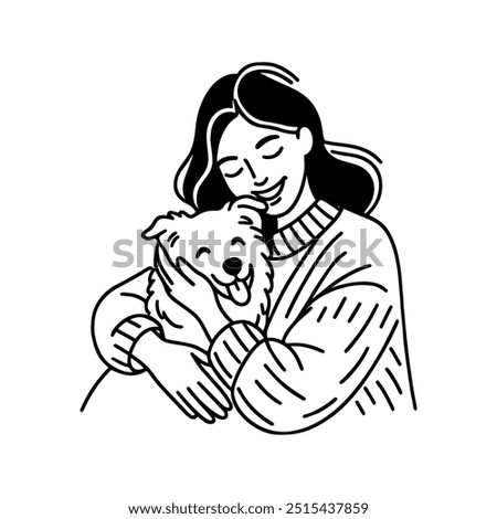 An Illustration of A Woman Hugging Her Happy Dog In Simple Black And White Art Line Style
