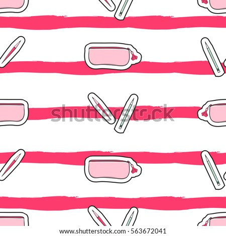 Fashion girl pattern vector seamless with pencil case and stationery on brush stripes background. Cute print for preschool, teen or student girls.