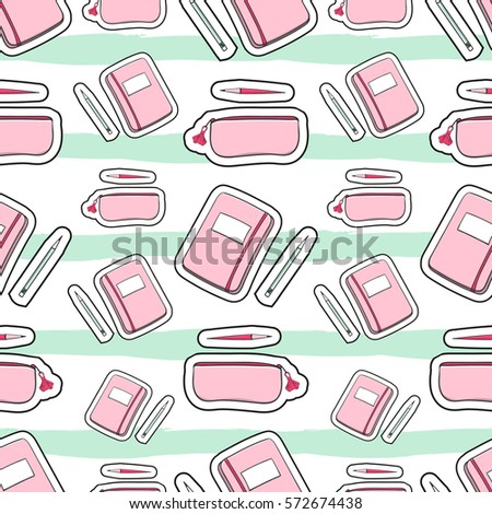 Patches fashion girl pattern vector seamless on white background with mint green stripes. Cute print for preschool, teen or student girls.