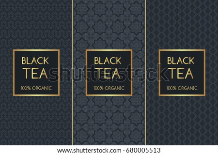 Tea Package set template vector. Luxury collection of seamless patterns for royal black tea label design. Tag for food products and drinks, spa cafe and coffee shop.