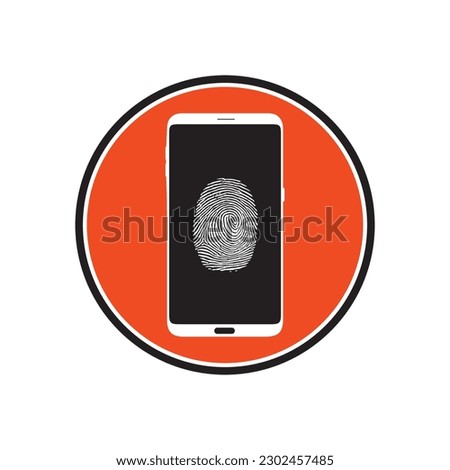 Smart phone logo design. mobile vector illustration with fingerprint and inside orange circle shape icon .