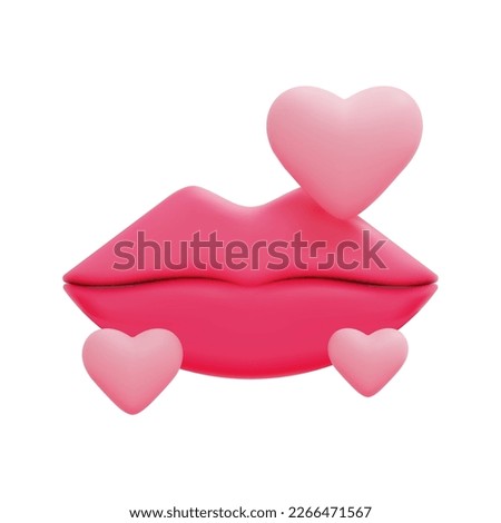 3d lip with hearts icon vector. Women's shapes lip. 3d love and romance concept. Beautiful lips, beauty, red lipstick, cosmetics. Isolated on white background. 3d kiss icon vector render illustration.