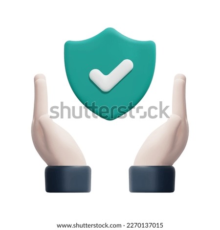 3d hands, check mark and shield icon vector. Isolated on white background. 3d health insurance concept. Cartoon minimal style. 3d icon vector render illustration.