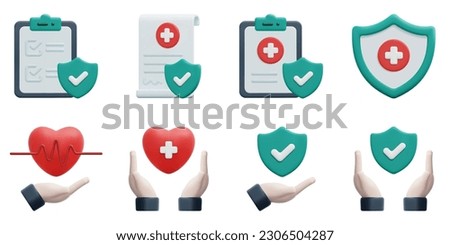 Health insurance 3d vector icon set. Checklist, contract, hand, hands, healthcare, health, medical, shield. Isolated on white background. 3d icon vector render illustration.