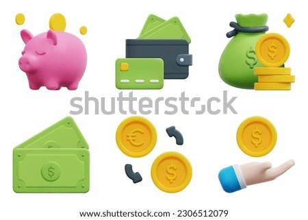 Banking 3d vector icon set. Cash, money exchange, money, payment, savings, wallet. Isolated on white background. 3d icon vector render illustration.