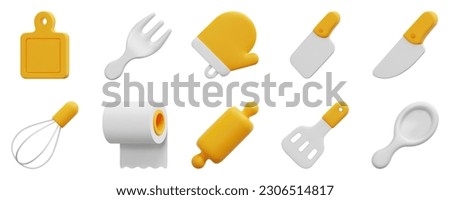 Kitchen 3d vector icon set. Cutting board, fork, kitchen glove, butchery, knife, mixer, paper towels, rolling pin, spatula, spoon. Isolated on white background. 3d icon vector render illustration.