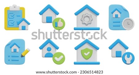 Rental property 3d vector icon set. Checklist, choice, management, clock, contacts, tenant, security, house repair. Isolated on white background. 3d icon vector render illustration.