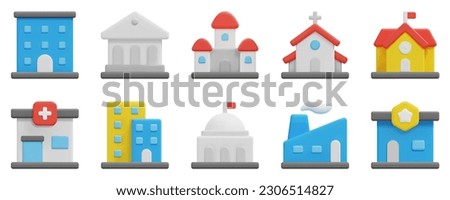 Buildings 3d vector icon set. Apartment, bank, castle, church, school, clinic, condominium, embassy, factory, police station. Isolated on white background. 3d icon vector render illustration.