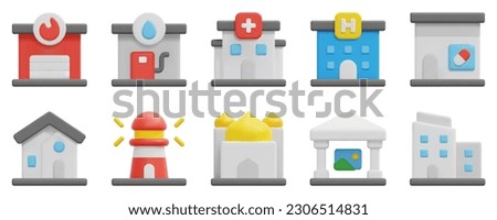 Buildings 3d vector icon set. Fire station, gas station, hospital, hotel, house, lighthouse, mosque, museum, office, pharmacy. Isolated on white background. 3d icon vector render illustration.