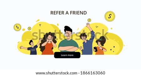 Refer a friends. Make money together and get discounts and bonuses. Affiliate program. Friends sharing a great service. Influence group of people. Modern flat illustration for mobile apps, banner, tem