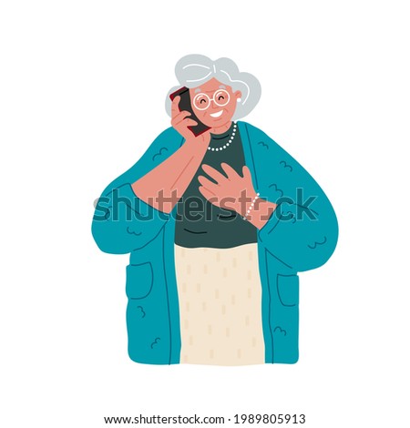 Grandmother in glasses talking on the mobile phone.Granny using cellular.Happy old woman take a call with her smartphone on white background.Call your mother.Vector flat illustration